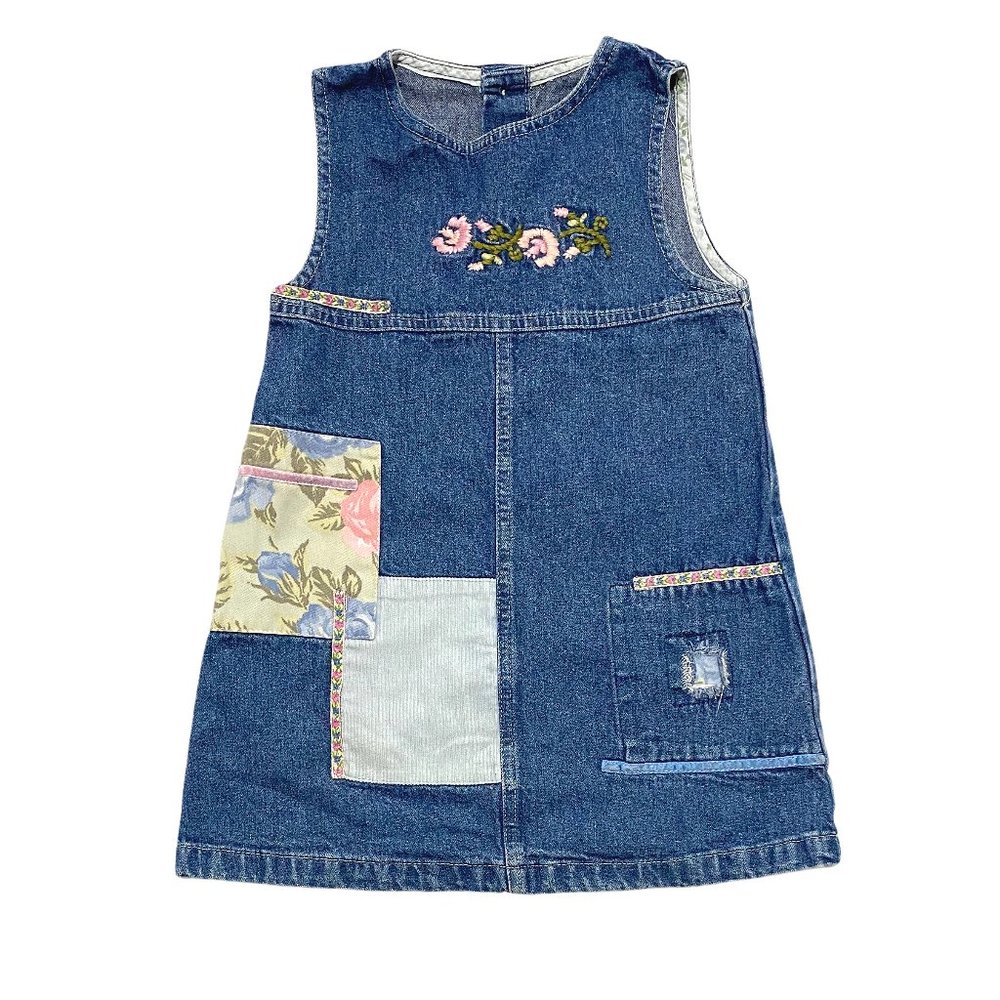 Vintage Blue Denim Girls' Patchwork Dress with Floral Embroidery